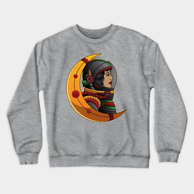 astronaut female traditional moon Crewneck Sweatshirt by Mako Design 